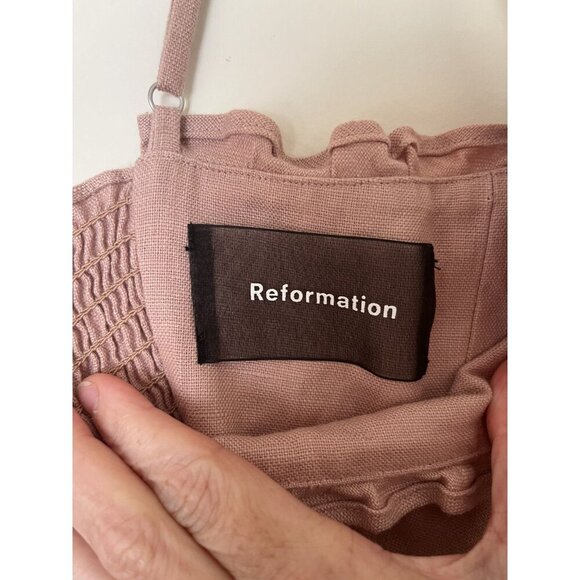 Reformation Ava Ruffle 100% Linen Mini Dress Dusty Rose Blush Pink Size 0 - Picture 4 of 5